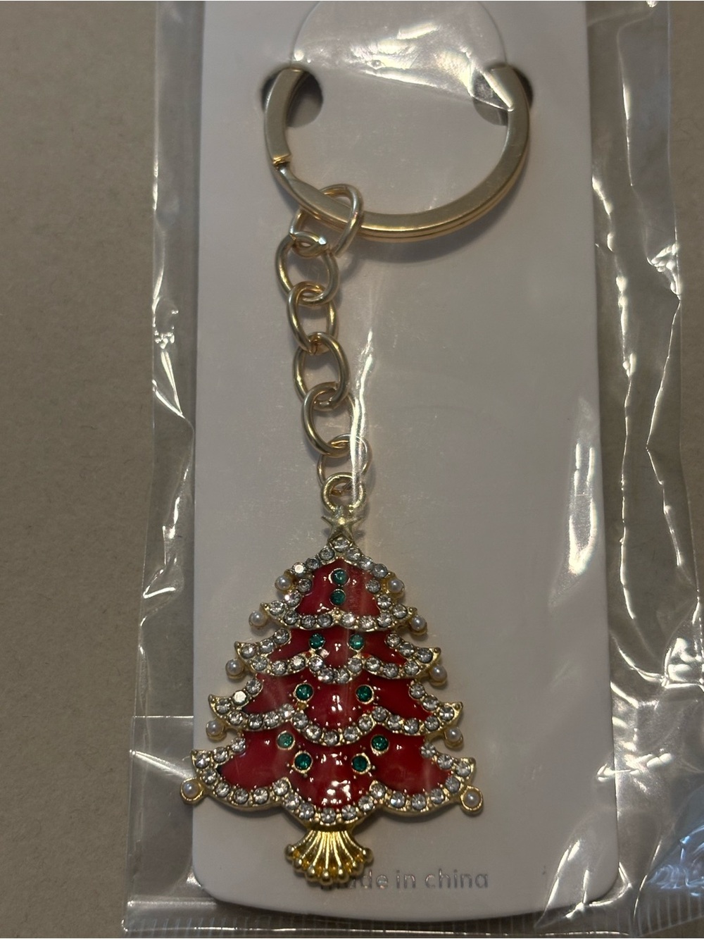 Festive Red and Gold Christmas Tree Keychain-missing clip NWT